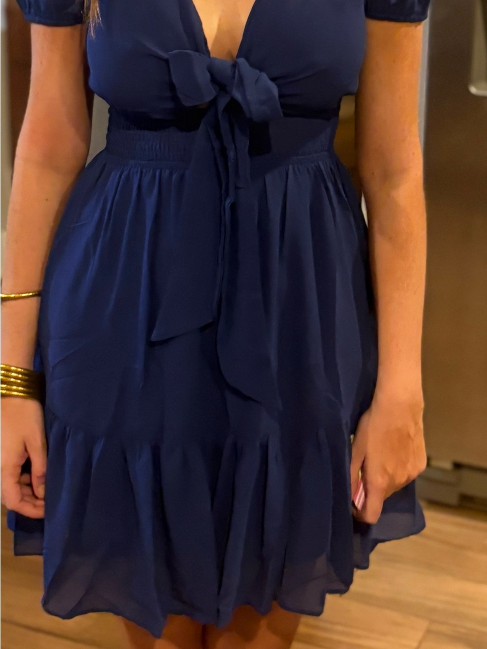 Tie-Front Navy Mini Dress with Smocked Waist